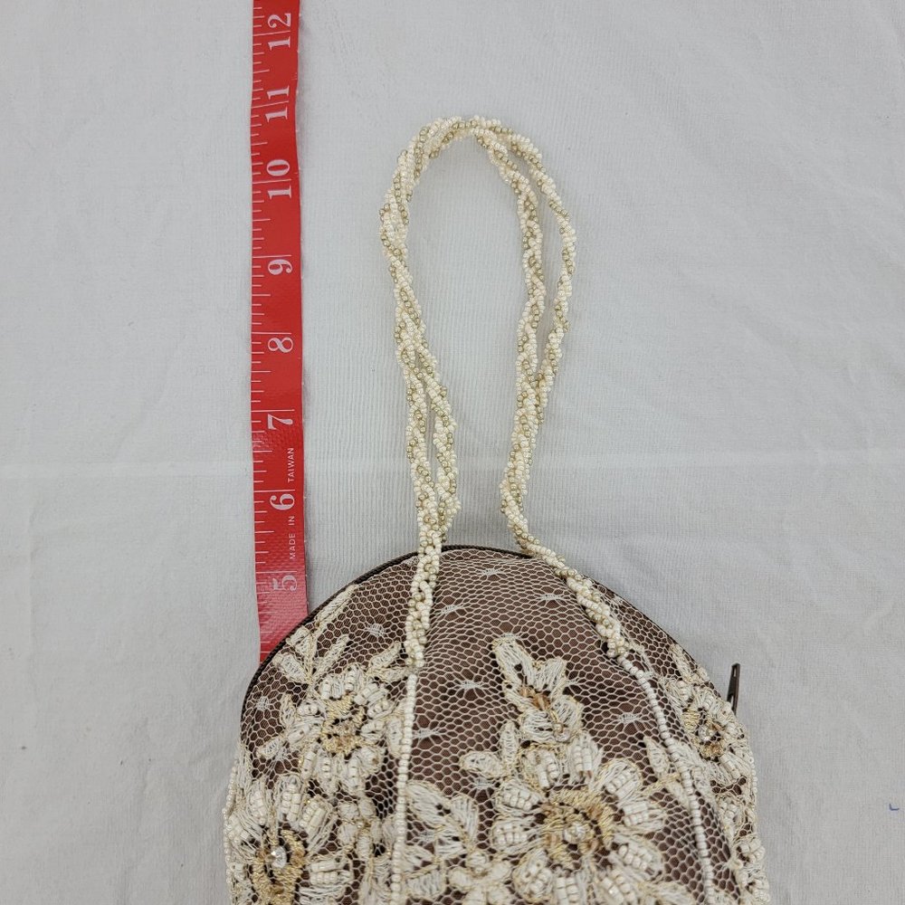 Satin Lace Pearl Bead Brown Ivory/Gold Wedding/Cocktail Small Ball Handbag Purse - Picture 12 of 12